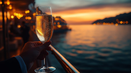 A hand holding a sparkling champagne glass against a stunning sunset view over calm waters at an elegant waterfront location. Generative AIの素材