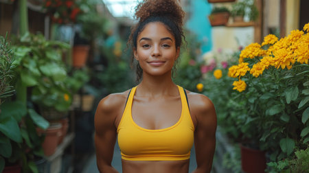 Confident woman posing in a vibrant garden filled with colorful flowers during daylight, showcasing strength and beauty. Generative AIの素材