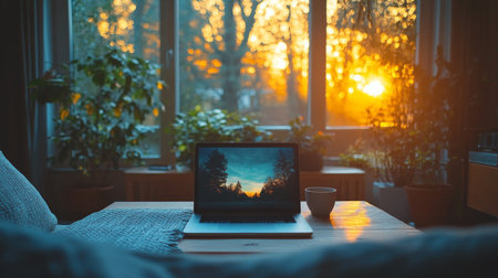 Cozy evening workspace with a laptop and sunset view through large windows, surrounded by indoor plants. Generative AIの素材