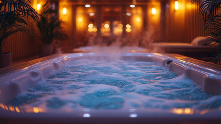 Relaxing evening in a modern spa with warm bubbling bathtub, ambient lighting, and soothing atmosphere for unwinding. Generative AIの素材
