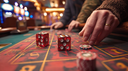 Casino guests engaging in a lively game of roulette at night, focusing on dice and chips on the vibrant felt table. Generative AIの素材