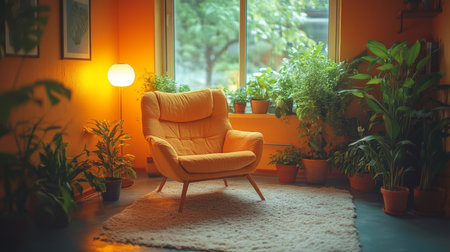 Cozy yellow armchair surrounded by vibrant plants in a sunlit room with large windows and warm decorative lighting. Generative AIの素材