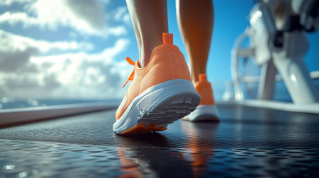 Walking on a deck by the ocean in bright orange shoes during a sunny day with a clear blue sky. Generative AIの素材