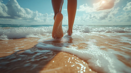 Walking barefoot along the shoreline, feeling the warm sand and gentle waves on a sunny day at the beach. Generative AIの素材