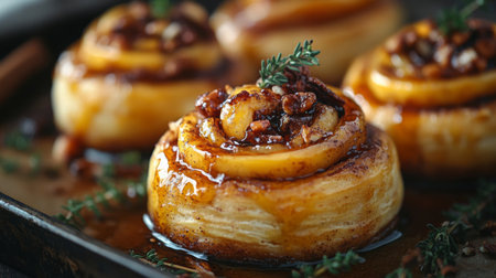 Delicious baked apple pastries with caramel sauce and nuts in a cozy kitchen setting during autumn. Generative AIの素材