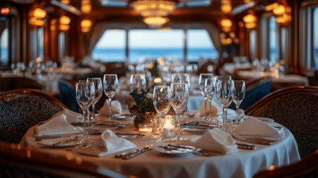 Elegant dining setup with tables arranged for fine dining on a cruise ship against a tranquil ocean backdrop at sunset. Generative AIの素材