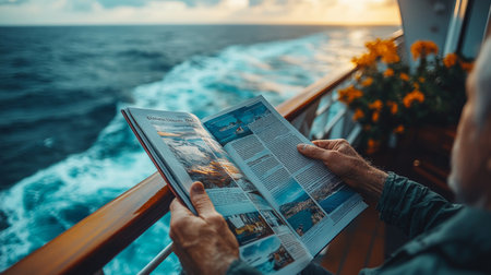 A person reading a travel magazine on a cruise ship balcony during sunset by the ocean waves. Generative AIの素材