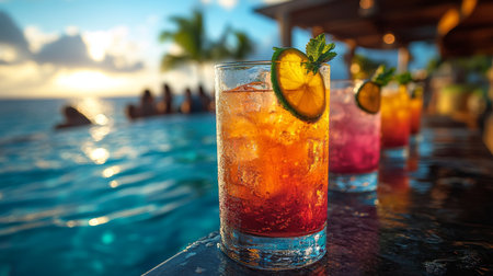 Refreshing tropical cocktails by the pool during a stunning sunset in a beachside paradise. Generative AIの素材