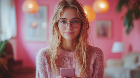 Young woman in cozy sweater using smartphone in a vibrant pink room with warm lighting during a leisurely afternoon. Generative AIの素材