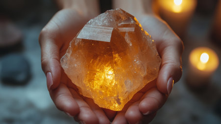 Person holding a large, faceted yellow crystal in dim light with glowing candles in the background creating a warm atmosphere. Generative AIの素材