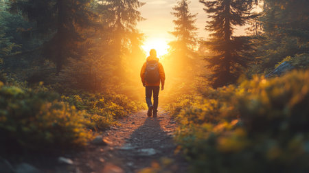 A hiker walks along a forest path, illuminated by the warm glow of a sunset in a tranquil woodland setting. Generative AIの素材