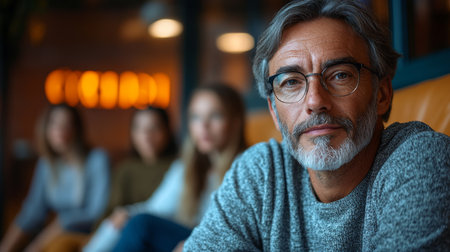 A man with glasses sits in a cozy cafe while three women chat in the background during an evening gathering. Generative AIの素材