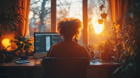 A person working at a desk with a computer, surrounded by plants while enjoying a sunset at home in a cozy environment. Generative AIの素材