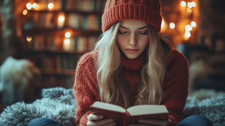 Young woman enjoying a book by a cozy fireplace in a warmly decorated room with twinkling lights during winter. Generative AIの素材