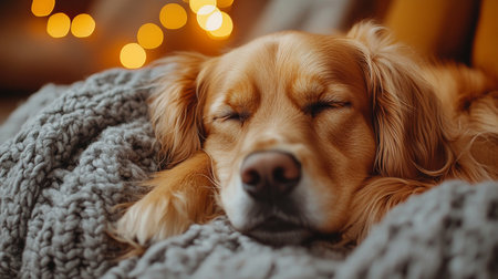 A golden retriever resting peacefully on a cozy blanket surrounded by warm, soft lights during a quiet evening indoors. Generative AIの素材