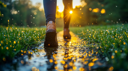 Walking along a wet path at sunset, a person enjoys nature while droplets glisten in the golden light. Generative AIの素材