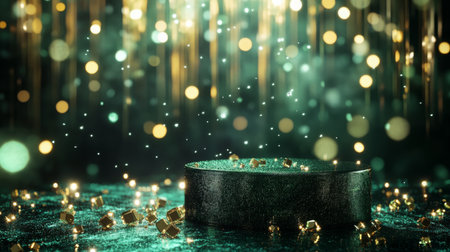 Golden confetti sparkles around a dark podium for a festive celebrationの素材
