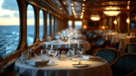 Elegant dining experience aboard a luxury cruise ship at sunset over the ocean with beautifully set tables. Generative AIの素材