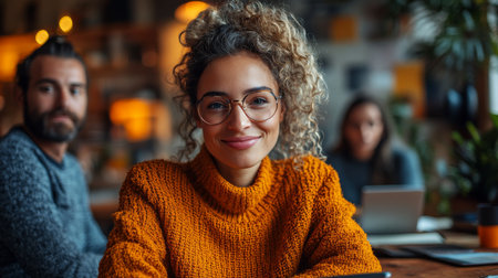 A woman in an orange sweater smiles warmly at the camera in a cozy workspace filled with people during the day. Generative AIの素材