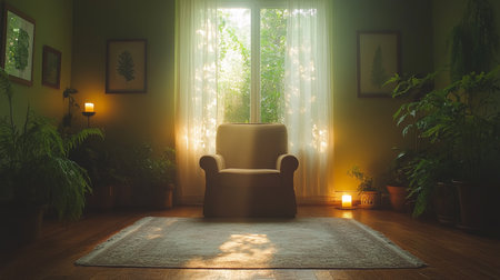 A cozy armchair bathed in sunlight surrounded by lush greenery in a tranquil indoor space during the afternoon. Generative AIの素材
