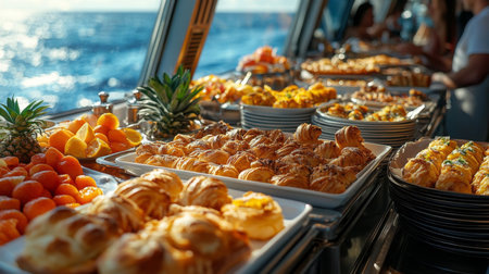 A vibrant buffet featuring baked goods and fresh fruits on a boat with a scenic ocean view during sunset. Generative AIの素材