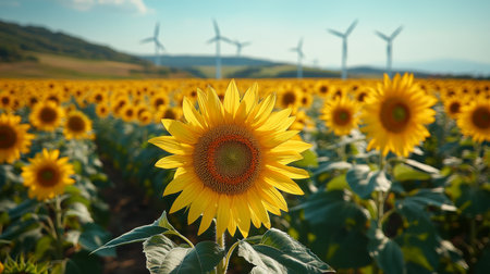 A vibrant sunflower field under a clear blue sky with wind turbines in the background during a sunny day in the countryside. Generative AIの素材
