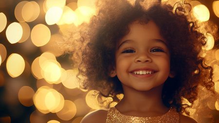 A joyful child with curly hair smiles brightly against a backdrop of golden holiday lightsの素材