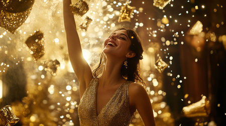 Joyful celebration of New Years Eve with golden decorations and sparkling confettiの素材