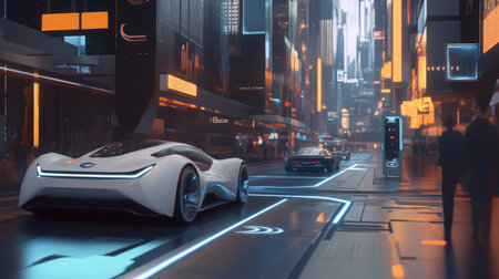 A white sports car drives down a futuristic city streetの素材