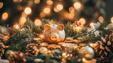 Festive piggy bank surrounded by gold coins and pinecones during the holiday seasonの素材