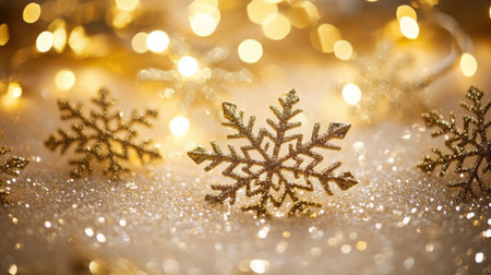 Golden snowflakes sparkling amidst shimmering lights for a festive winter celebrationの素材