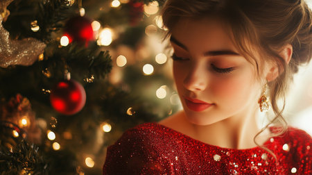 A young woman in a red dress brings Christmas magic by a decorated treeの素材