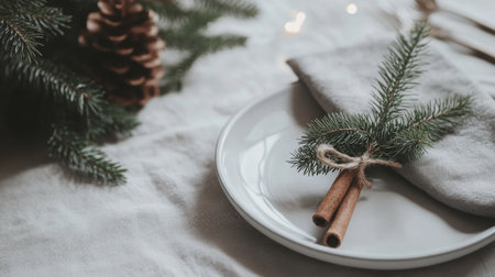 A festive table setting with a sprig of pine, cinnamon sticks, and a linen napkinの素材