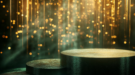 A shimmering display of golden lights and round platforms in a festive atmosphere at nightの素材