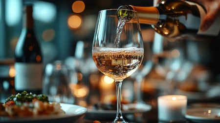 Elegant dining experience with white wine pouring into a glass at a beautifully set table during an evening gathering. Generative AIの素材