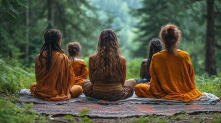 Group of individuals practicing meditation in a serene forest setting during morning light surrounded by nature. Generative AIの素材