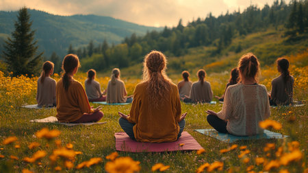 Calm yoga retreat in a serene meadow surrounded by mountains during golden hour with participants practicing mindfulness. Generative AIの素材