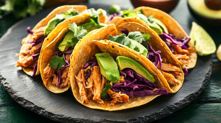 A close-up of four tacos on a black slate plateの素材