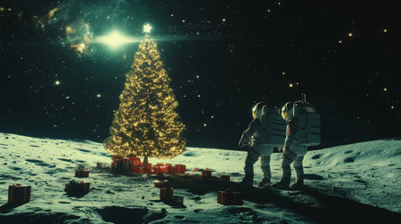 Astronauts celebrating Christmas with decorated tree on the moon during a serene night skyの素材