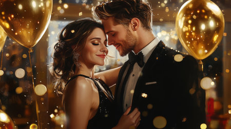 Couple celebrating together at a glamorous New Years Eve party with golden decorationsの素材