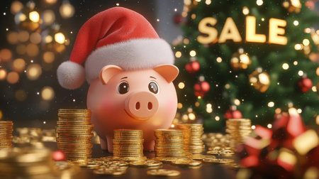 A piggy bank wearing a Santa hat sits in front of a Christmas tree with a sale signの素材