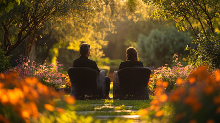 Couple enjoying a serene moment in a blooming garden during the golden hour on a warm afternoon. Generative AIの素材
