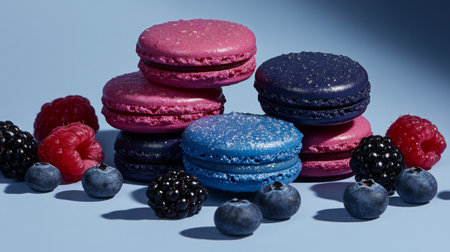 Assorted colorful macarons stacked with fresh berries on a vibrant blue backgroundの素材