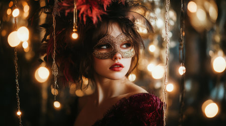 Elegant woman in masquerade mask posing amidst glimmering lights at festive evening eventの素材