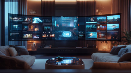 Modern living room with large curved screens displaying diverse digital content at nightの素材