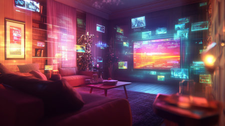 A living room with a futuristic display filled with holographic screensの素材