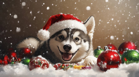Cheerful dog wearing Santa hat surrounded by colorful ornaments during the festive seasonの素材