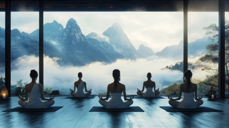 Women practice yoga in a studio with a view of mountainsの素材