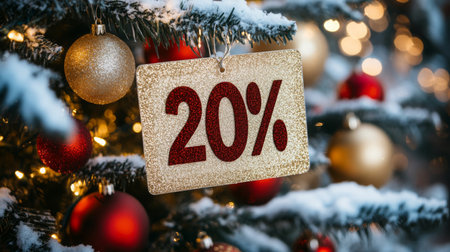 Holiday decorations on a snow-covered Christmas tree featuring a 20 percent discount signの素材