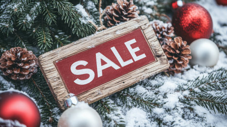 Holiday sale sign among festive decorations and snow-covered pine branches outdoorsの素材